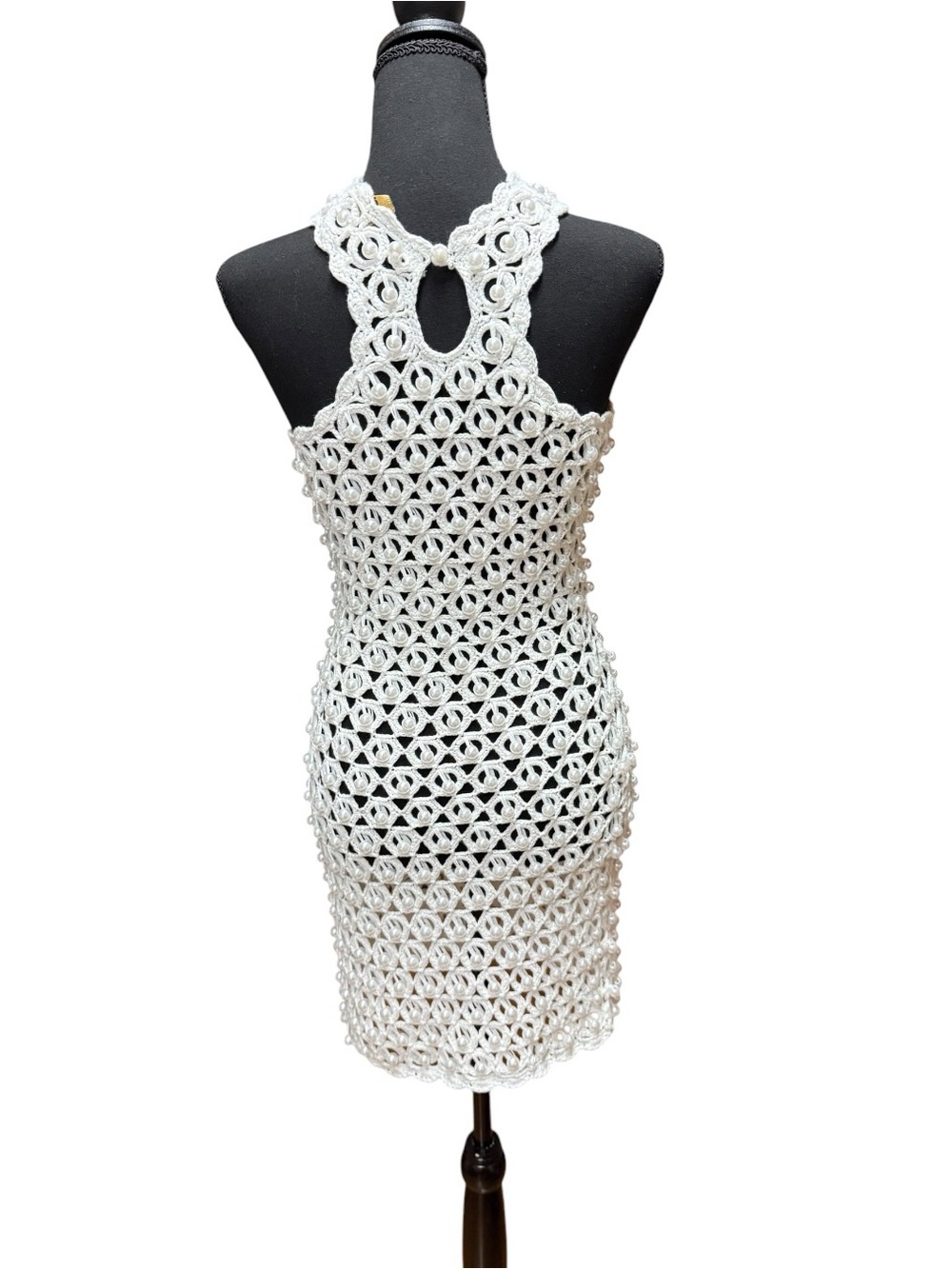 NovaLuxe Crochet Halter Faux Pearl Mini Dress Cover up White XS - Picture 8 of 11